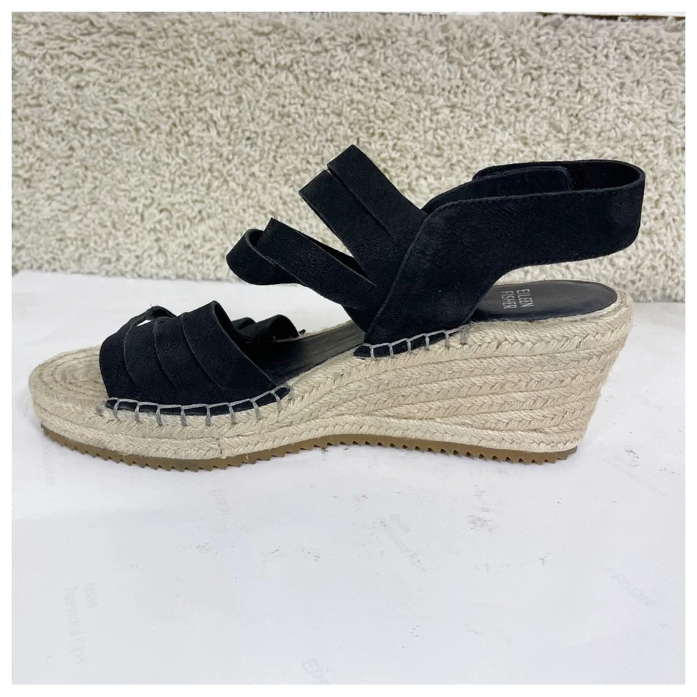 Eileen Fisher LARGO Espadrille Wedge Sandal Women's Black Leather 9 Platform
